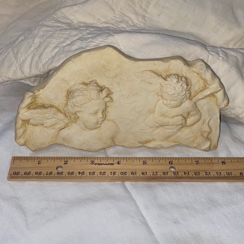 Hen-Feathers Cream Double Angel Frieze Relief Wall Sculpture 3D Decor 8x4” VGUC